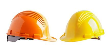 Yellow and orange helmet isolated on white background protect to safety for engineer in construction site. photo