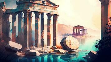 Vintage Watercolor Landscape, The Ruins of An Ancient Roman Civilization with Birds of the Marine Environment, by the Sea. Color Oil Painting, AI-Generated, Digital Illustration. photo
