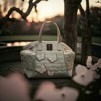 Luxury women white tote bag, flowers and butterflies design, beautiful zen garden. Sunset time. photo