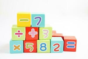 Number wood block cubes for learning Mathematic, education math concept. photo