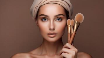 foto aplicando tono a piel hermosa mujer cara mano de visagiste pintura productos cosméticos belleza modelo niña hacer arriba ai generado