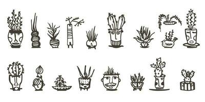 Ceramic pots with cactus comic faces. Black doodle emotions characters. Plant ceramics. Pottery vases trendy concept. Cartoon style. Hand drawn illustration isolated on white background Vector set
