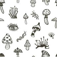 Seamless pattern with groove psychedelic food elements. Retro design of hipster icons. Doodle style graphic. Vintage trippy cartoon. Black white symbols 60 70 80 90 trend vector illustration