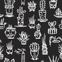 Seamless pattern White Ceramic pots with cactus comic faces. Different doodle emotions characters. Plant ceramics. Pottery vases trendy concept. Cartoon style. Hand drawn Vector illustration