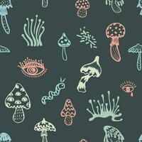 Seamless pattern of groove mushroom elements Psychedelic symbols on chalkboard background. Retro design of hipster icons. Doodle style graphic. Vintage trippy 60 70 80 90 trendy vector illustration