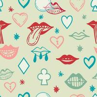 Seamless pattern with psychedelic mouth elements. Retro design of hipster icons. Doodle style graphic. Vintage trippy cartoon. Color symbols of 60 70 80 90 trend vector illustration