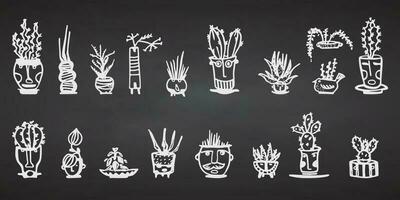 Ceramic pots with cactus comic faces. White doodle emotions characters. Plant ceramics. Pottery vases trendy concept. Cartoon style Hand drawn illustration isolated on chalkboard background Vector set