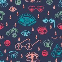 Seamless pattern with groove psychedelic eye elements. Psychedelic symbols on chalkboard background. 60 70 80 90 Retro hipster design Doodle style graphic. Vintage trippy cartoon Vector illustration