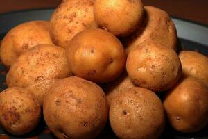 un lote de patatas en de madera antecedentes. cosecha de papas. vegetales para un sano dieta. foto