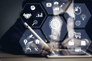 Businessman touch on the virtual screen Internet connection. Digital marketing and global internet connection application technology, Digital link tech,Financial daily life. photo