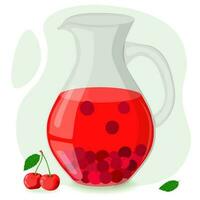 Cherry compote in a glass decanter. Drinking from homemade fruits. Berries for a healthy summer drink. Vector illustration in a flat style.