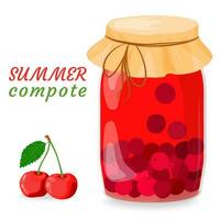 Cherry compote, jam in a glass jar. Canned fruit. Berries for a healthy summer drink. Conservation for future use. Vector illustration for the menu, packaging design in a flat style.