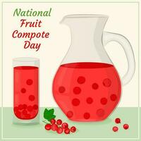 Red currant compote in a glass decanter and glass. Drinking from homemade fruits. Berries for a healthy summer drink. National Compote Day. Vector illustration in a flat style.