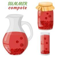 Red currant compote in a glass decanter, glass, jar. Drinking from homemade fruits. Berries for a healthy summer drink. The concept of healthy eating. Vector illustration in a flat style.