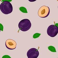 Seamless pattern of whole plums and halves, green leaves. Ripe berries. Fruit picking. Vector illustration in a flat style for menu design, recipes.