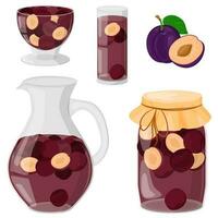 ciruela compota en un vaso licorera, vaso, frasco. Bebiendo desde hecho en casa frutas hecho en casa mermelada o jalea en un vaso bol. el concepto de sano comiendo. vector ilustración en un plano estilo.