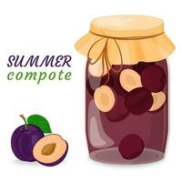 Plum compote, jam or jelly in a glass jar. Canned fruit. Berries for a healthy summer drink. Conservation for future use. Vector illustration for the menu, packaging design in a flat style.