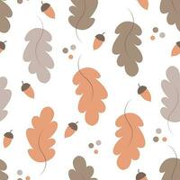 Vector seamless pattern with cute cartoon autumn oak leaves and acorns for Thanksgiving day design on white background.