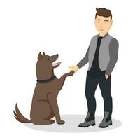 Cartoon man training and teaching his pet to commands. A dog giving a paw to his owner. Flat vector cartoon illustration with friends. Domestic animal and his owner