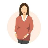 Happy pregnancy concept. Cartoon smiling young pregnant woman. Vector illustration with future mother