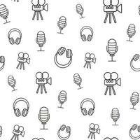 Music and video related seamless pattern with outline icons on white background. Microphone headphones and camera print vector