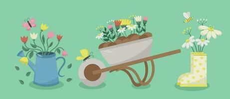 Hobby concept. Set of summer season gardening objects, watering can, bouquet boots, wheelbarrow with flowers. Vector design element for greeting and advertising products.