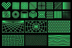 geométrico diseño elementos. años 90, Años 80 retro formas, mosaico patrones. malla, cuadrícula antecedentes y distorsiones verde ilustraciones aislado en negro antecedentes vector