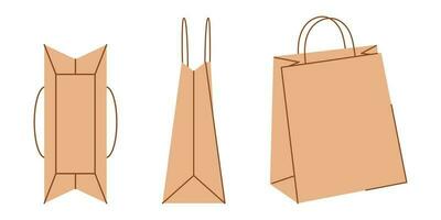 Vector set of shopping paper bags on top, front and side views. Grocery kraft paper bags in flat design. Zero waste. Ecological kraft packages collection.