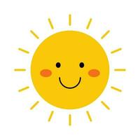 Vector funny sun in flat design. Happy smiling sun. Childish cute sunshine emoji. Kawaii yellow sun with sunbeams. Baby sunshine with blush.