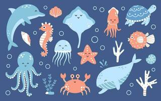 vector conjunto de mar animales en oscuro azul antecedentes. linda Oceano elementos recopilación. marina vida clipart en plano diseño.