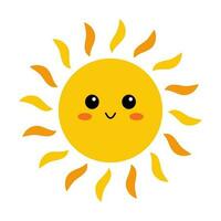 Vector cute sun with face. Funny smiling sun in flat design. Childish sunshine emoji. Kawaii sun with sunbeams. Baby sunshine clipart.