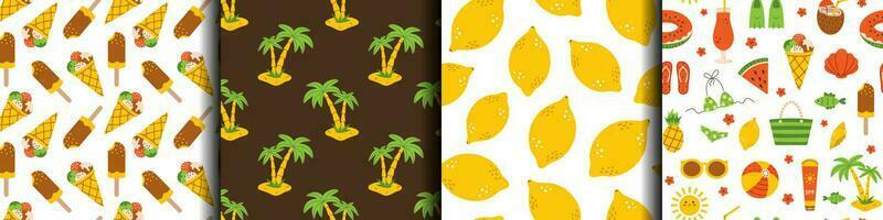 Vector set of summer holiday seamless patterns. Beach weekend backgrounds. Lemon, ice cream, palm tree and other summer elements. Happy summer pattern collection.