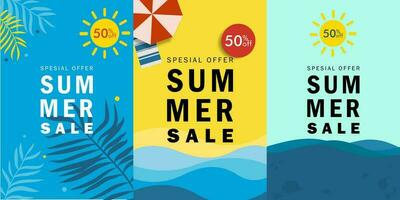 Simple summer sale banner design, summer discount poster with tropical leaves, beach, and undersea scene. Summer time theme flat design vector illustration. for banner, poster, social media