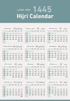 Hijri islamic calendar 1445. From 2023to 2024 vector celebration template with week starting on sunday on simple background.Flat minimal desk .Ready for print.Hijri calendar .