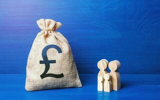 Family figurines and british pound sterling money bag. Investment in human capital. Income, expenses. Refugees crisis. Favorable conditions for population growth. Demography. Family budget. photo