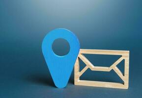 Envelope and blue location symbol. Delivery of correspondence and documents. Security and confidentiality. Send price lists, special offers for customers. Communication, e-mail newsletter. photo