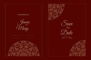 moderno lujo Boda invitación diseño o tarjeta plantillas para negocio o presentación o saludo con dorado hojas en un rojo antecedentes vector