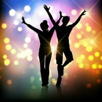 silhouette of a party couple on a bokeh lights background vector