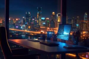 Blurred office workspace in the night view background photo