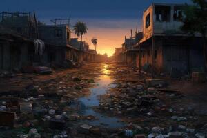 Hyperrealism dark abandoned city dirt trash everywhere background photo