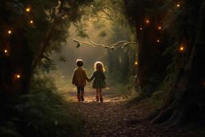 two kids Feeling the magical atmosphere as they enter forest background photo