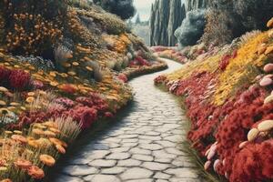 hyperrealistic A path full of flowers background photo