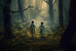 two kids Feeling the magical atmosphere as they enter forest background photo