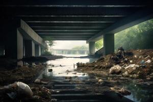 organic trash in the river under bridge background photo