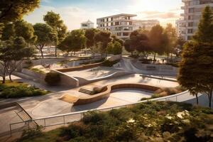 Hyperrealism skatepark view with garden in the city background photo
