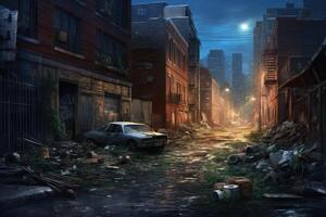 Hyperrealism dark abandoned city dirt trash everywhere background photo