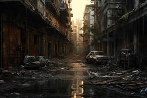 Hyperrealism dark abandoned city dirt trash everywhere background photo