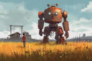 a robot working with humans in the insdustrial background photo