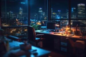 Blurred office workspace in the night view background photo