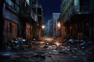 Hyperrealism dark abandoned city dirt trash everywhere background photo